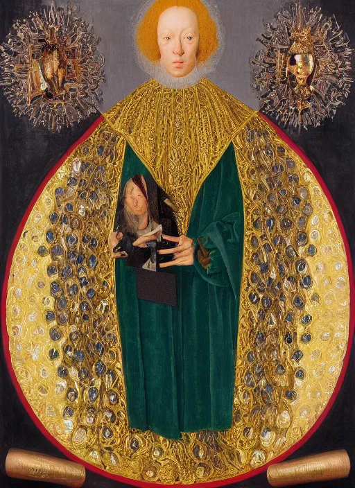 Image similar to a portrait of a shiny metallic renaissance robot, in the style of Jan van Eyck,