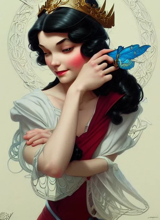 Image similar to disney snow white, intricate, elegant, highly detailed, my rendition, digital painting, artstation, concept art, smooth, sharp focus, illustration, art by artgerm and greg rutkowski and alphonse mucha and uang guangjian and gil elvgren and sachin teng, symmetry!!