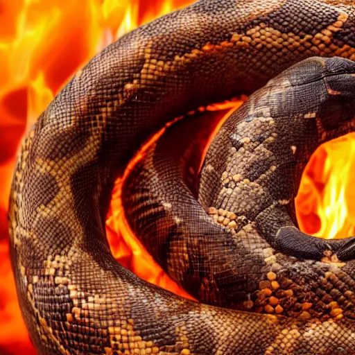 Image similar to a ram horns with a lion's mane on fire snake body 4k