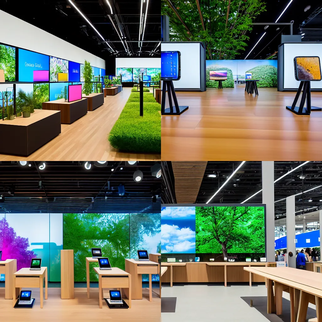 Prompt: (mobiles and tablets on display on large tables in a wood and concrete flagship retail interior Samsung Microsoft, Apple, , empty stools, lush verdant plants, colorful digital screens) XF IQ4, 14mm, f/1.4, ISO 200, 1/160s, 8K, RAW, unedited, symmetrical balance, architectural photography, in-frame