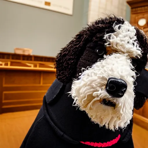 Image similar to a closeup photorealistic photograph of a cute smiling knitted bernedoodle judge dog dressed in a black gown, presiding over the courthouse. indoors, professional capture, well lit shot. this 4 k hd image is trending on artstation, featured on behance, well - rendered, extra crisp, features intricate detail, epic composition and the style of unreal engine.