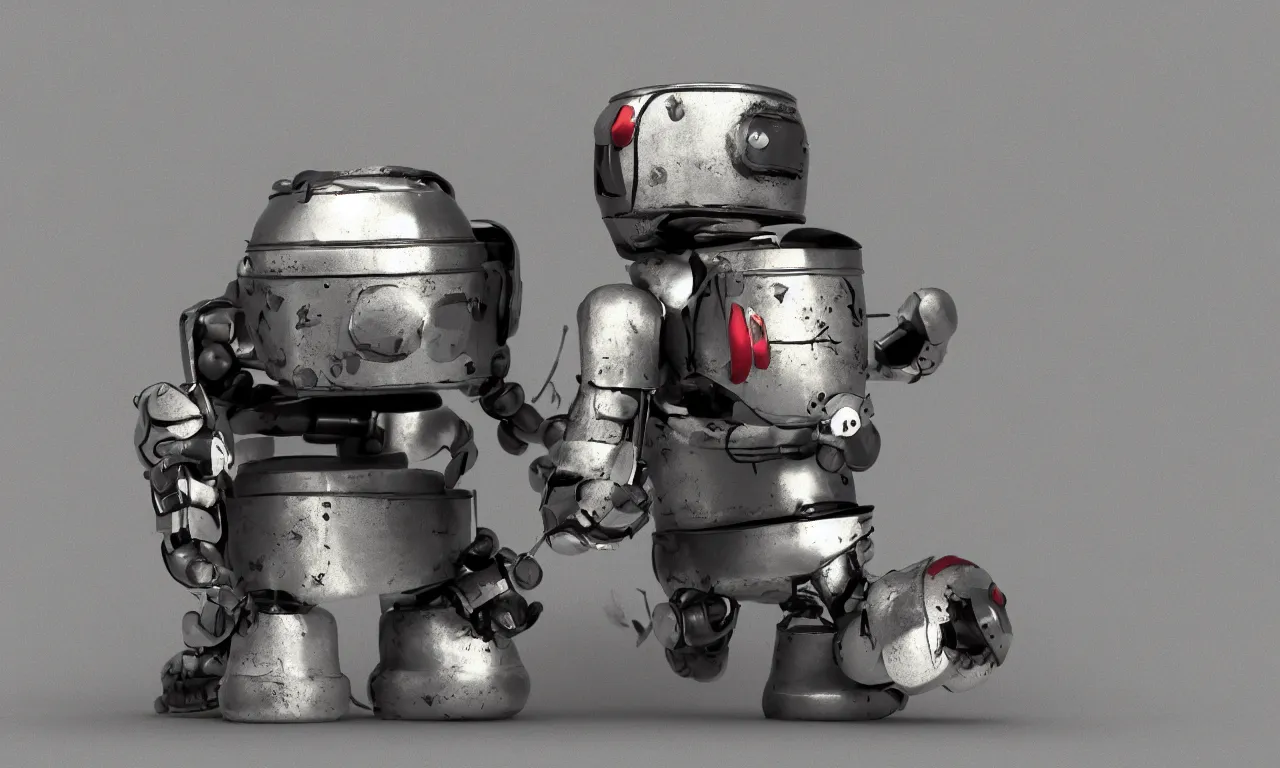 Prompt: a cute little tin can robot made from scrap metal, hyper realistic, cinematic, octane render, black shadowy background