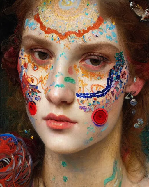 Image similar to a beautiful girl wearing colourful face paint surrounded by bright intricate patterns, by edgar maxence and caravaggio and michael whelan, intricate painting, hyper realistic, extremely detailed and beautiful aesthetic face, 8 k resolution