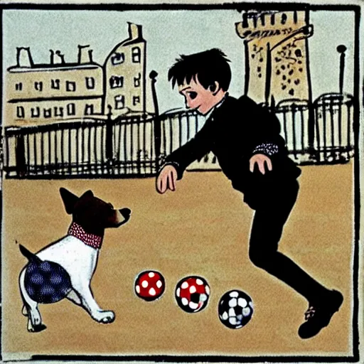 Image similar to book illustration of a french boy on the streets of paris playing football against a corgi, the dog is wearing a polka dot scarf, 1 9 6 6