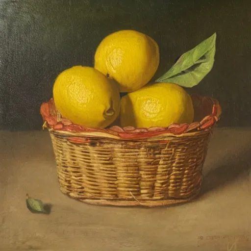 Image similar to a lemon in a basket of fruits in a forest, oil painting