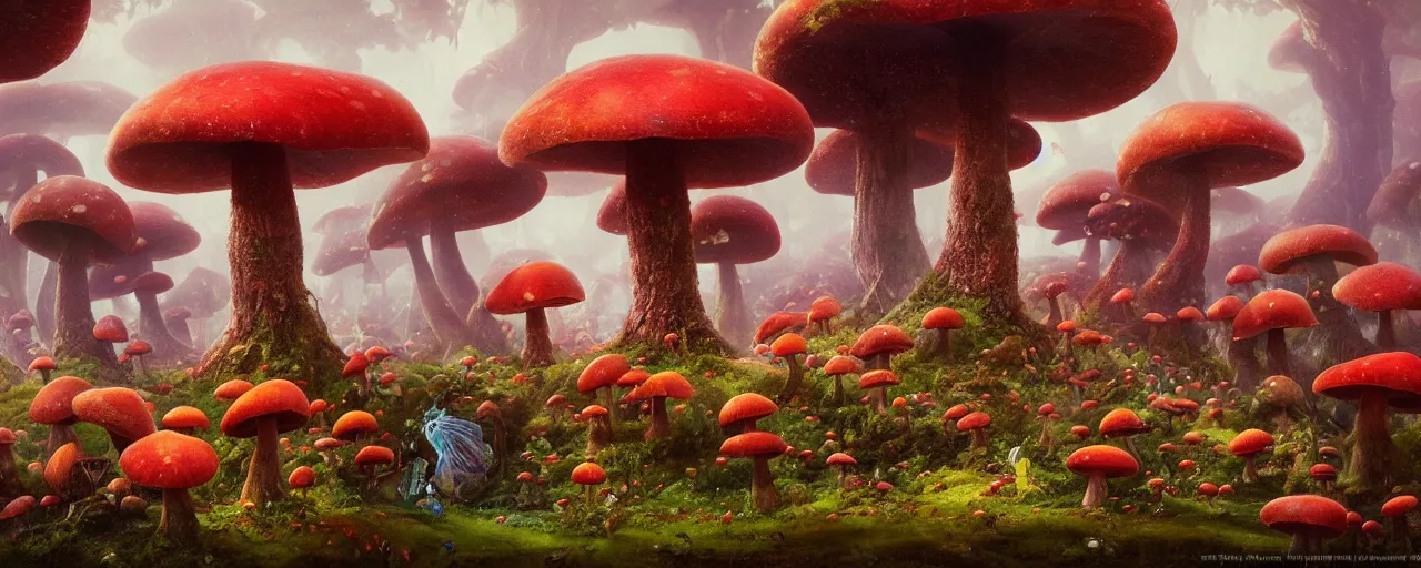 Image similar to ” whimsical world of giant mushrooms, flowers, trees, twisted roots and happiness, [ by paul lehr, cinematic, detailed, epic, widescreen, opening, establishing, mattepainting, photorealistic, realistic textures, octane render ] ”