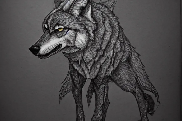 Image similar to a pencil drawing of a wolf, full body, D&D, armor, made by by Pen Tacula