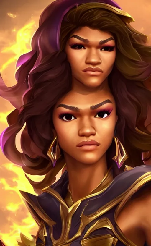 Image similar to Zendaya as a character in the game League of Legends, with a background based on the game League of Legends, detailed face, old 3d graphics