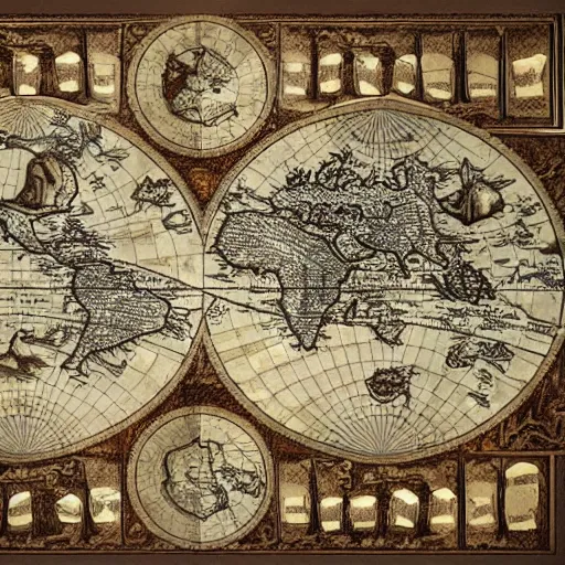 Prompt: ancient fantasy world map, antique intricate design, filigree finish, highly detailed