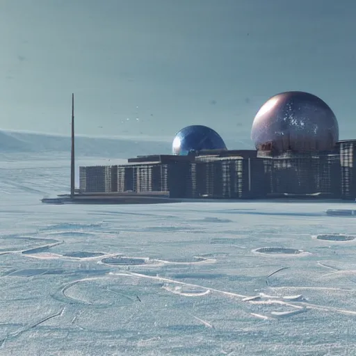 Image similar to a space colony on a icy planet with a frozen lake in the middle, the buildings being mostly domes