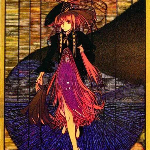 Image similar to kirisame marisa, sunset, artwork by Harry Clarke, touhou, official artwork