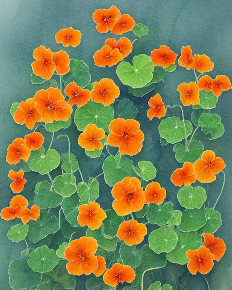 Image similar to award winning watercolour painting of nasturtiums