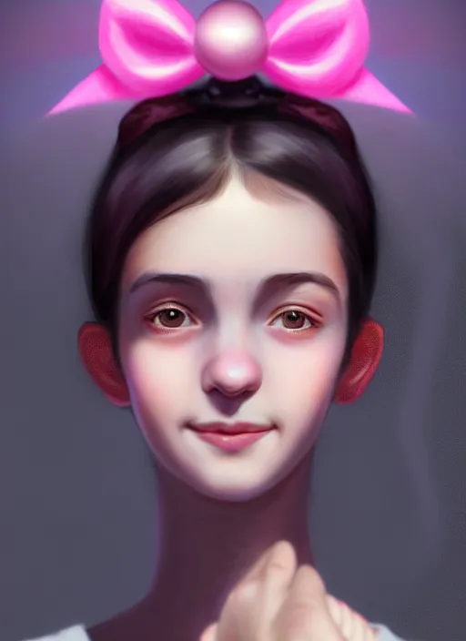 Image similar to portrait of teenage girl, realistic, black hair, bangs, half updo hairstyle, pointy nose, skinny, smile, ugly, defined jawline, big chin, pink hair bow, earrings, intricate, elegant, glowing lights, highly detailed, digital painting, artstation, sharp focus, illustration, art by wlop, mars ravelo and greg rutkowski