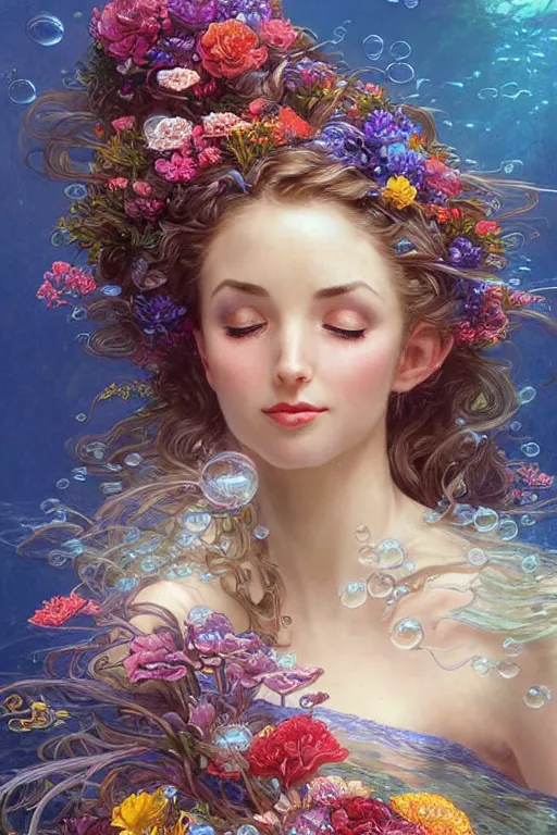 Prompt: portrait of a beautiful mysterious elven woman holding a bouquet of flowing flowers, hair flowing upwards, small bubbles from her mouth, hands hidden under the bouquet, submerged underwater filled with colorful small fish and coral reef, fantasy, regal, intricate, by stanley artgerm lau, greg rutkowski, thomas kinkade, alphonse mucha, loish, norman rockwell