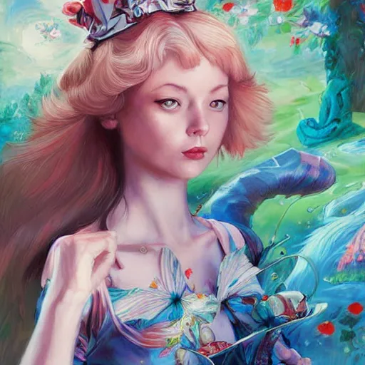 Prompt: Alice in wonderland, detailed painting by Ross Tran and artgerm