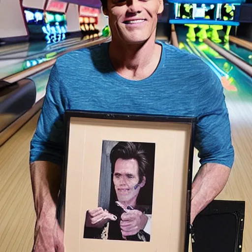 Image similar to a bowling carrier with a print of jim carrey