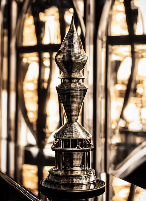 Image similar to a tall reflective very symmetrical biomechanical polyhedral 3 d printed steel ornate, intricate, engineering trophy at a high end bar in golden afternoon light, professional food photography