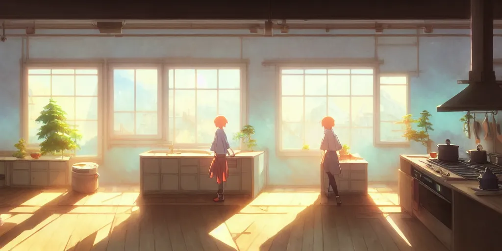 Image similar to interior background art, bright window lit kitchen, morning, steaming food on the stove, wooden floors, houseplants, cottage decor, anime, trending on pixiv fanbox, painted by greg rutkowski makoto shinkai takashi takeuchi studio ghibli, akihiko yoshida