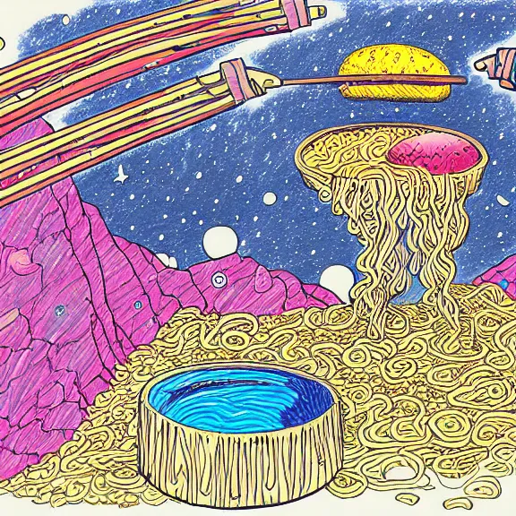 Image similar to a ramen foodcart on an asteroid at the end of the universe, cosmic and colorful pen drawing, deep colors