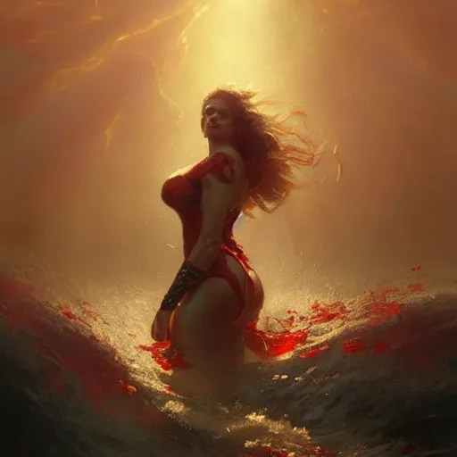 Prompt: a beautiful painting of martina bigg, shining her light across a tumultuous sea of blood by greg rutkowski and thomas kinkade, trending on artstation