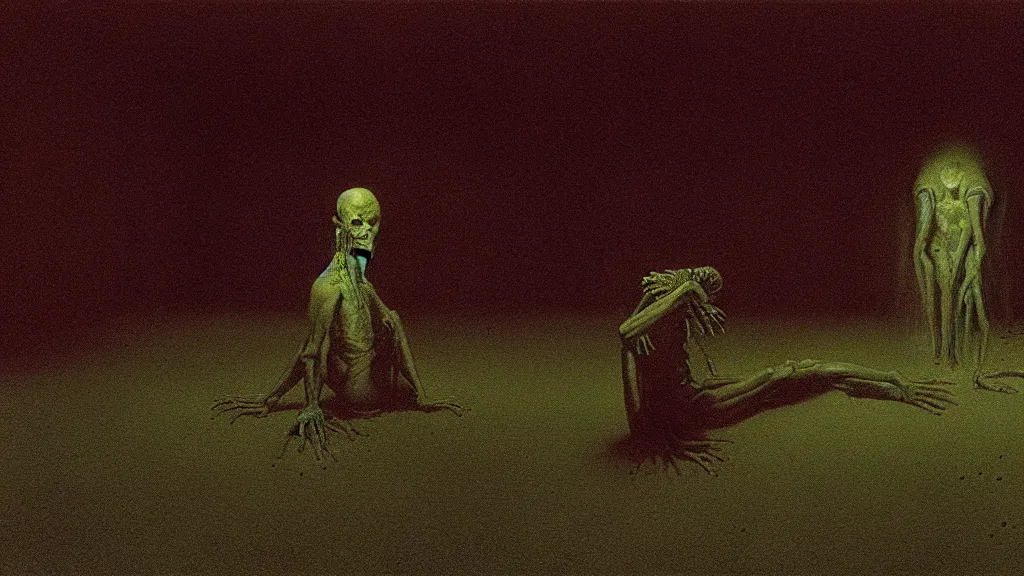 Image similar to the yucky creature in the crawlspace, film still from the movie directed by denis villeneuve and david cronenberg with art direction by salvador dali and zdzisław beksinski, wide lens