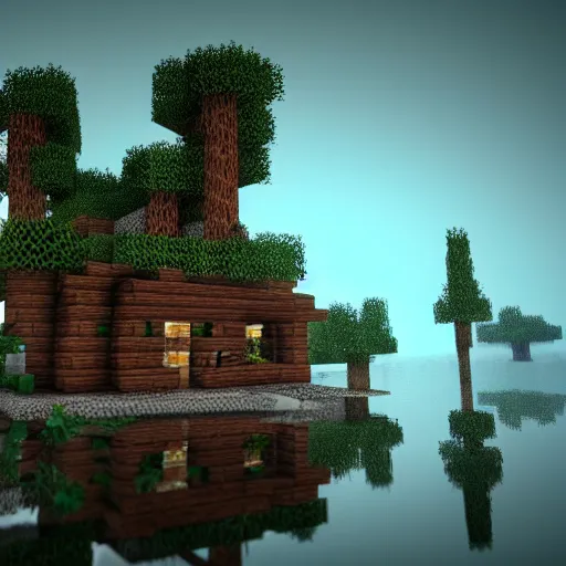 Prompt: atmospheric render of a small cabin next to a lake inside a dark cavern, minecraft, rendered with blender, 4 k