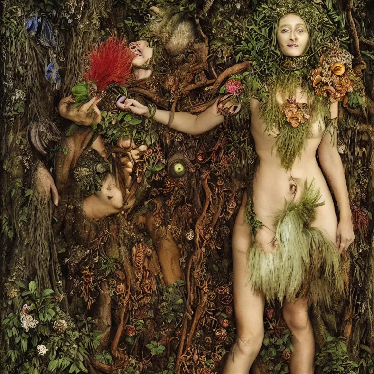 Prompt: a fish eye lense photograph of a grinning druid dryad with goat pupils transforming herself into a mad beast. her skin is covered in scales and feathers. flowers surround her body and trees tower around her. painted by jan van eyck, max ernst and ernst haeckel, trending on artstation, 8 k, award winning, hard lighting, fashion editorial