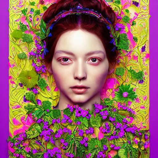 Image similar to the portrait of an absurdly beautiful, graceful, elegant, sophisticated woman made of strawberries and green petals, an ultrafine hyperdetailed illustration by kim jung gi, irakli nadar, golden ratio, intricate linework, bright colors, octopath traveler, final fantasy, unreal engine 5 highly rendered, global illumination, radiant light, detailed and intricate environment