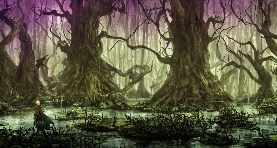 Image similar to A dense and dark enchanted forest with a swamp, from One piece