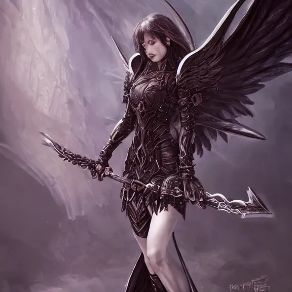 Image similar to a female angel with a dark armour and one pair of vig devil wings, d & d, fantasy, highly detailed, digital art, artstation, smooth, sharp focus, fantasy illustration, art by peter tang and artgem and alina ivanchenko and hirokazu yokohara and kago shintaro