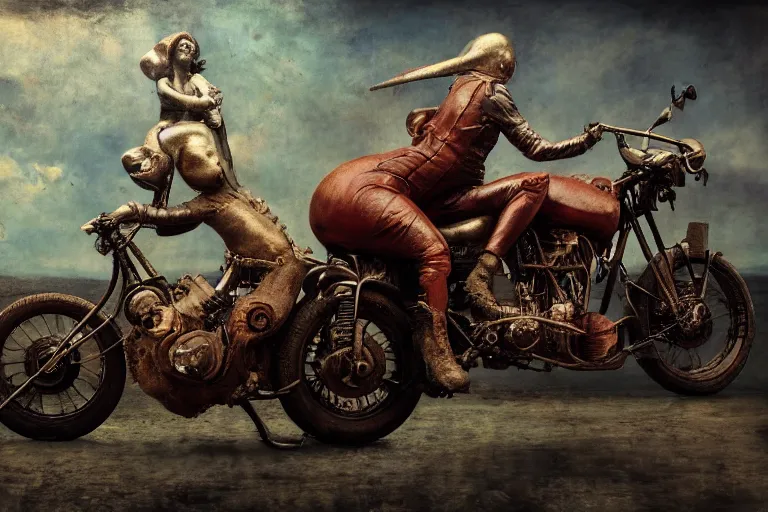 Image similar to full color hd photo of a motorcycle, octane render 4 k, by hieronymus bosch, joel peter witkin, annie liebovitz. gustave dore, hr giger, zdzisław beksinski, epic, artstation, cgisociety, weta, disney