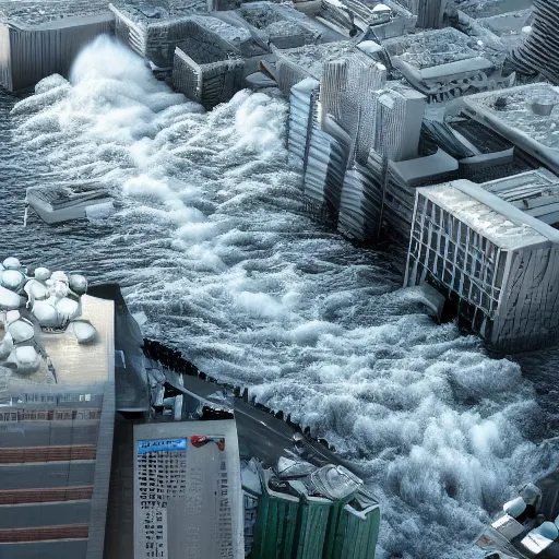 Image similar to 1 0 0 m high tsunami wave hits a city, highly detailed, 3 d octane render, epic lighting