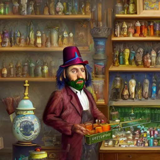 Image similar to Oil painting of Anthropomorphized parrot trader in his shop, shelves full, selling a gem, portrait, items, magic potions, carpet, window, fancy funny hat, sly expression , cunning expression, cute expression, presenting magic gem, D&D, fantasy, cinematic lighting, highly detailed, digital painting, artstation, concept art, smooth, sharp focus, illustration, warm light, cozy warm tint, magic the gathering artwork, volumetric lighting, 8k, no gold, no gold colours, art by Akihiko Yoshida and Greg Rutkowski