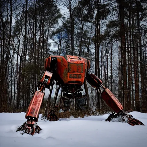 Prompt: rusted out mech in the woods covered in snow