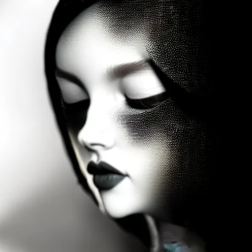 Prompt: tight portrait of a young beautiful woman with eyes closed, with a face covering mask. fractal and mandelbulb, speed painting and scribble art, octane render and portrait. behance and artstation, black and white. intricate detail, beautiful, moody, cinematic. art deco, surrealism, futurism, Unreal Engine, photorealistic.