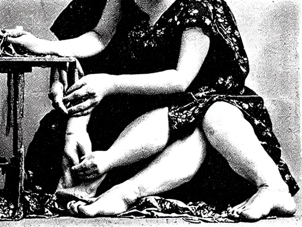 Image similar to a photograph of a woman sewing her feet to her ears