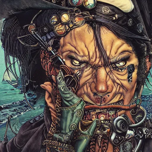 Prompt: portrait of crazy pirate with patch on one eye, symmetrical, by yoichi hatakenaka, masamune shirow, josan gonzales and dan mumford, ayami kojima, takato yamamoto, barclay shaw, karol bak, yukito kishiro