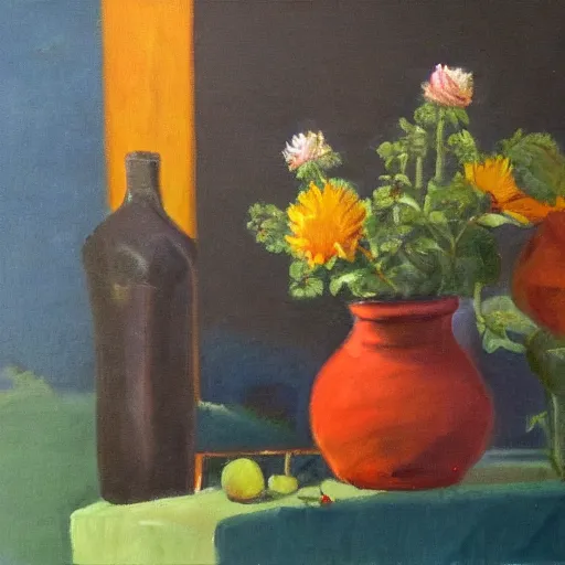 Prompt: smooth transition from landscape to still life, inpainting
