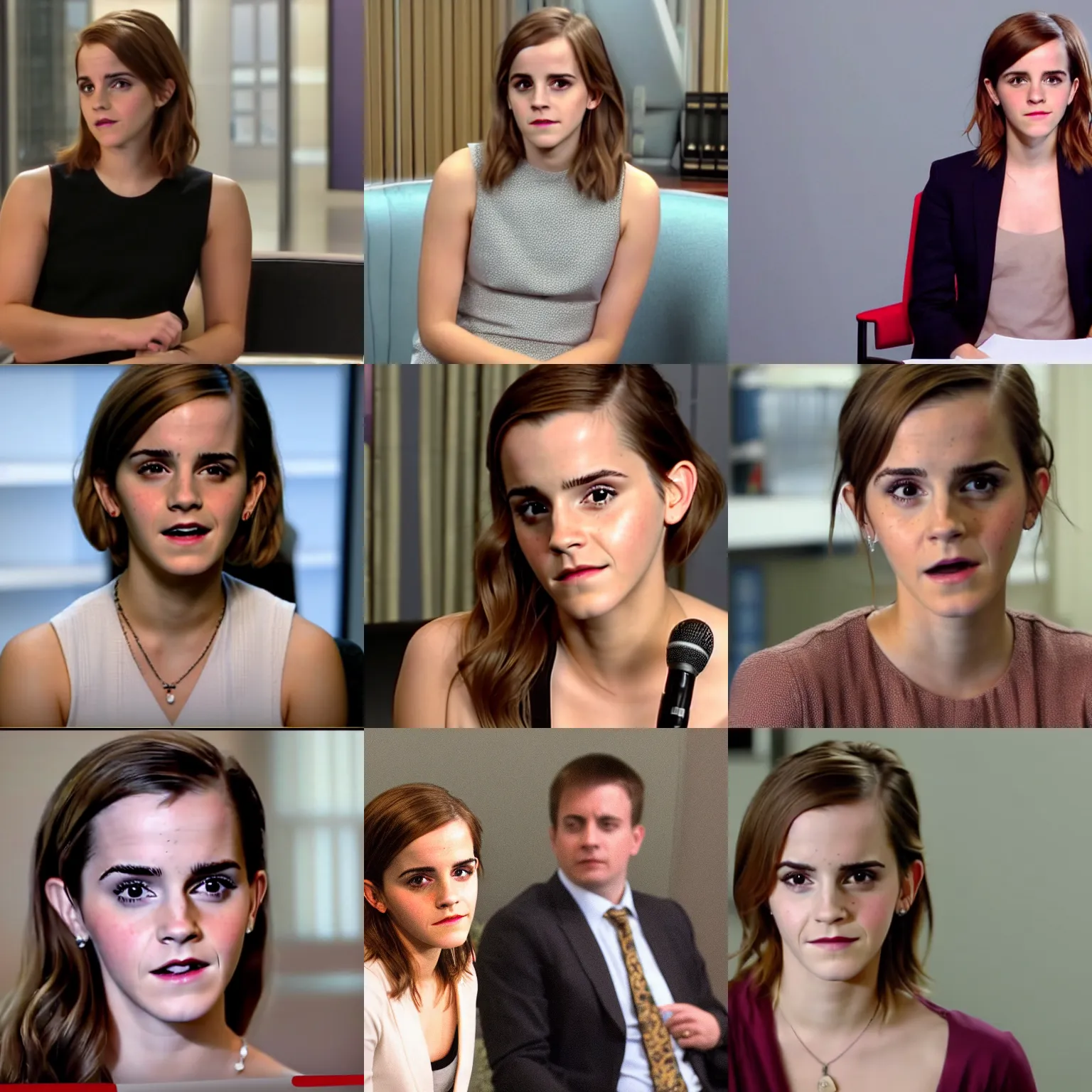 Prompt: emma watson screenshot from the office interview