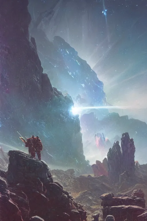 Image similar to rocky landscape, ancient woodland, space and nebula and stars background, god warrior towers above in distance, by ruan jia, jack kirby, norman rockwell, wayne barlow, sergey krasovskiy, zdzislaw beksinski, artstation creature