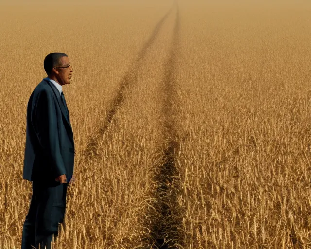 Image similar to extreme long shot of walter white and gustavo fring stand facing each other from a distance in a wheat field, low angle, side view, 3 5 mm photograph, 8 k resolution, wide shot, sharp lens