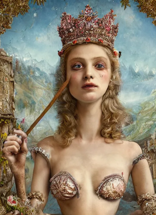 Prompt: closeup medieval otto dix face portrait of a fairytale princess wearing a crown eating cakes in the castle, bikini, depth of field, zeiss lens, detailed and intricate environment, fashion photoshoot by nicoletta ceccoli, mark ryden, lostfish, breathtaking, 8 k resolution, extremely detailed, beautiful, establishing shot, artistic, hyperrealistic, octane render