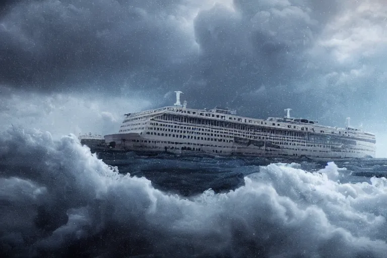 Image similar to photorealistic blue - tinted photo of a sinking cruise ship, storm, thunderstorm, horror, smooth, epic, highly detailed, cinematic, unreal engine rendering