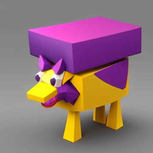 Image similar to a small purple animal with a yellow box on its head, a low poly render by miyamoto, polycount, rayonism, low poly, polycount, rendered in maya