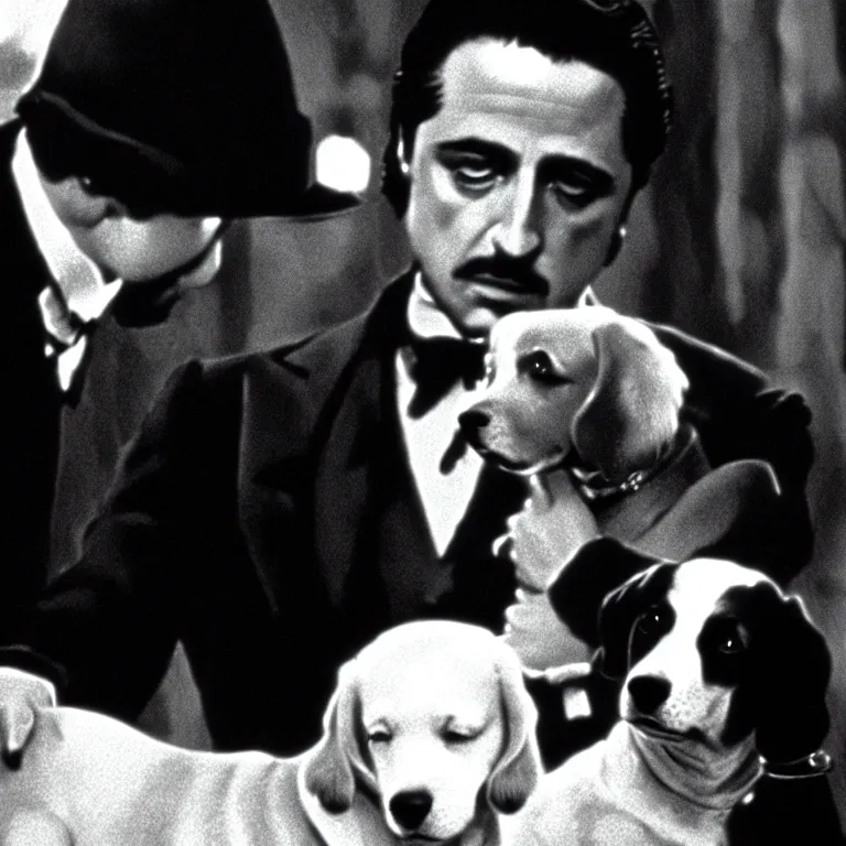 Image similar to cinescreen from the godfather, holding a dog, cinematic scene screen cap, realistic, film grain