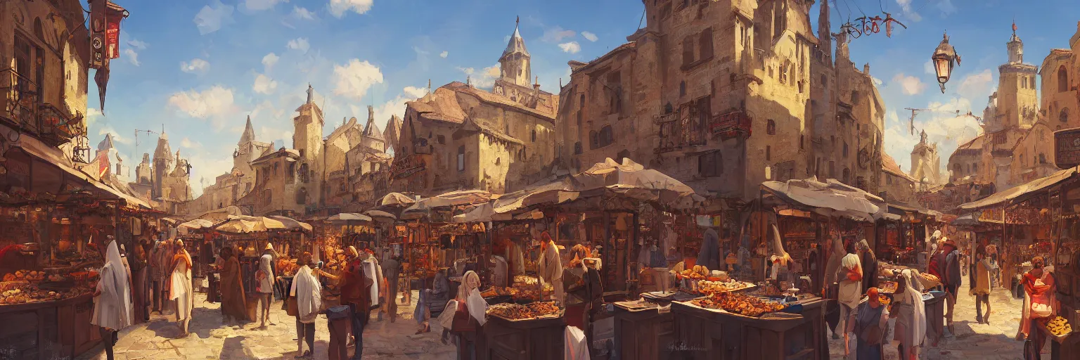 Image similar to a busy medieval Mediterranean street market in the style of Sylvain Sarrailh, beautiful digital art, cinematic composition, detailed, concept art, Matt painting, oil painting, high res