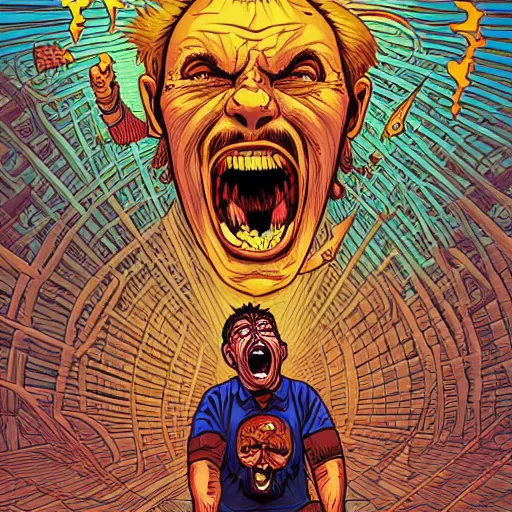 Image similar to crazy man going crazy screaming, illustrated by Dan Mumford