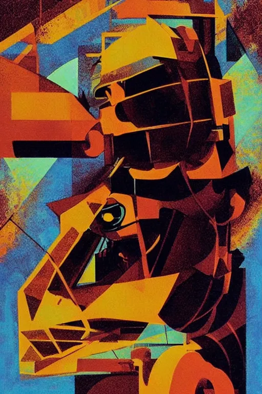 Image similar to fisheye, a silhouette of a man lost in tensor fields, madness, decoherence, synthwave, glitch!!, fracture, realistic, hyperdetailed, concept art, golden hour, art by syd mead, cubism