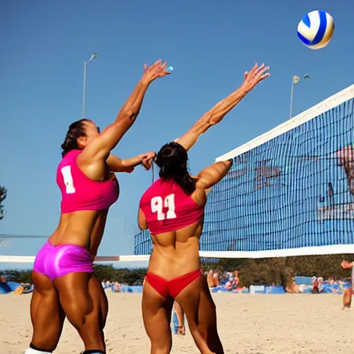 Prompt: female bodybuilders playing volleyball