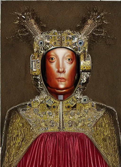 Image similar to a portrait of a shiny metallic renaissance robot, in the style of Jan van Eyck,
